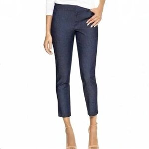 Ann Taylor Dark Blue Chambray Denim Cropped Trousers Flat Front Preppy Classic